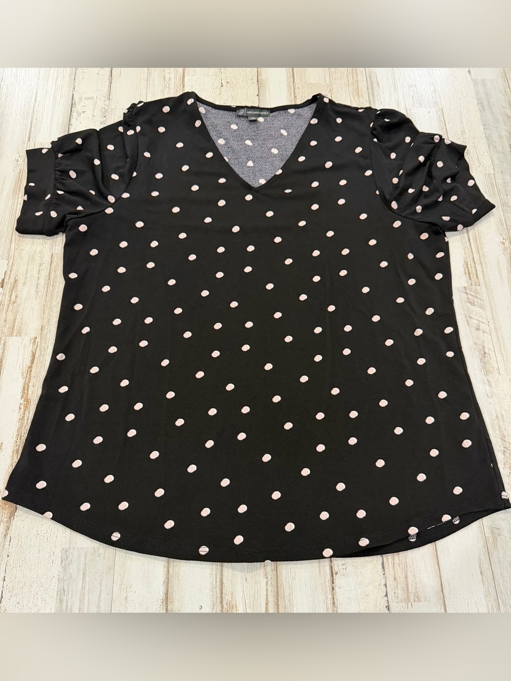 Adrianna Papell Women’s Large Black Pink Polka Dot Puff Sleeve V-Neck Blouse
